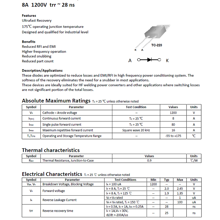 Hot Sale New and Original Fast Recovery Hyperfast Diodes TO-220 8A 1200V RHRP8120.jpg